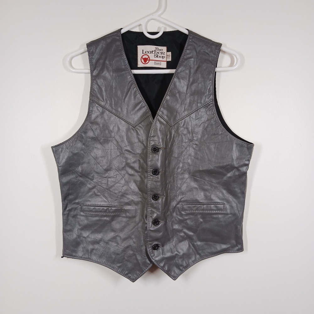 The Leather Shop Vest Men Medium Gray Leather Button Western Biker Vintage